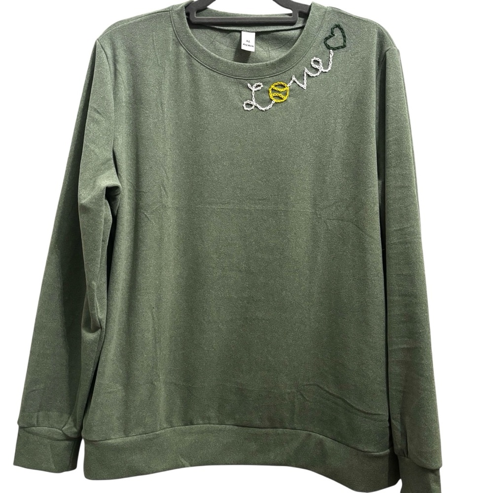 NWT HandCrafted Embroidered Olive Green Tennis Sweatshirt Love Hand Stitching